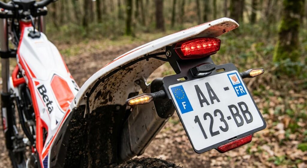 Kit d'homologation obligatoire comprenant une plaque d'immatriculation, un feu arrière et des clignotants installés sur le garde-boue d'une trial