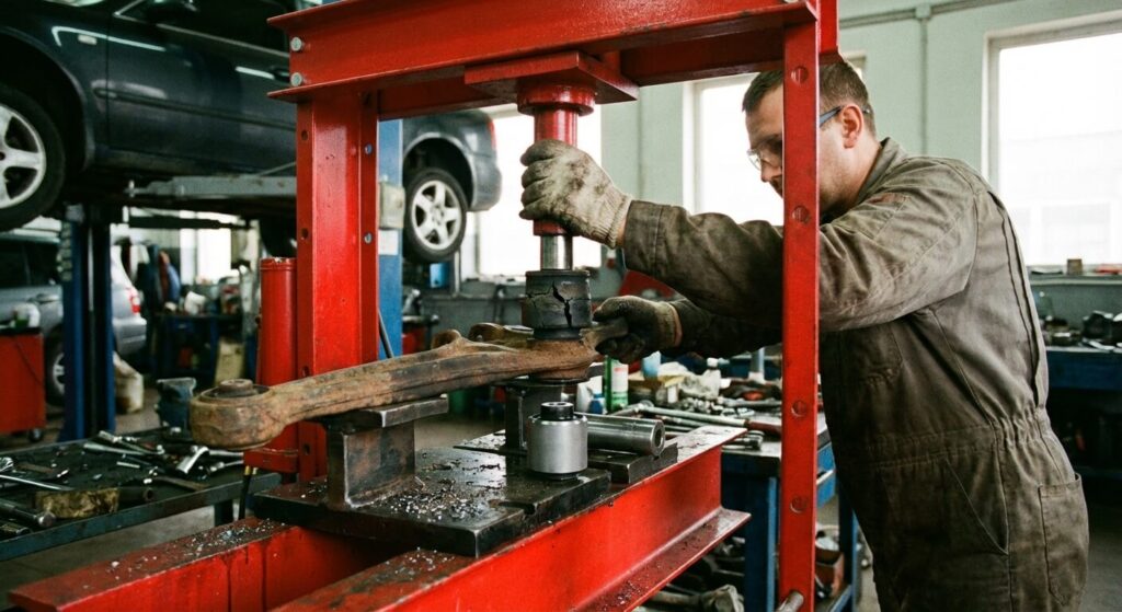 Mécanicien utilisant une presse hydraulique d'atelier pour extraire un silent bloc défectueux de son logement métallique et insérer la pièce neuve