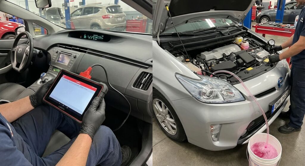 Procédure de purge du circuit hybride nécessitant l'activation de la pompe à eau électrique via un outil de diagnostic OBD