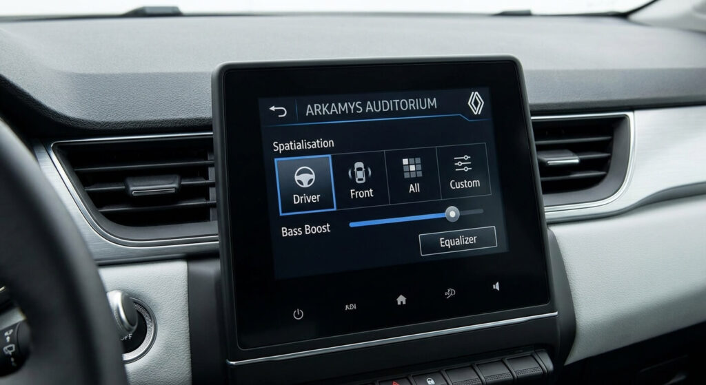 Menu de réglage de la spatialisation sonore Arkamys Auditorium sur l'écran tactile du système d'infodivertissement d'une Renault