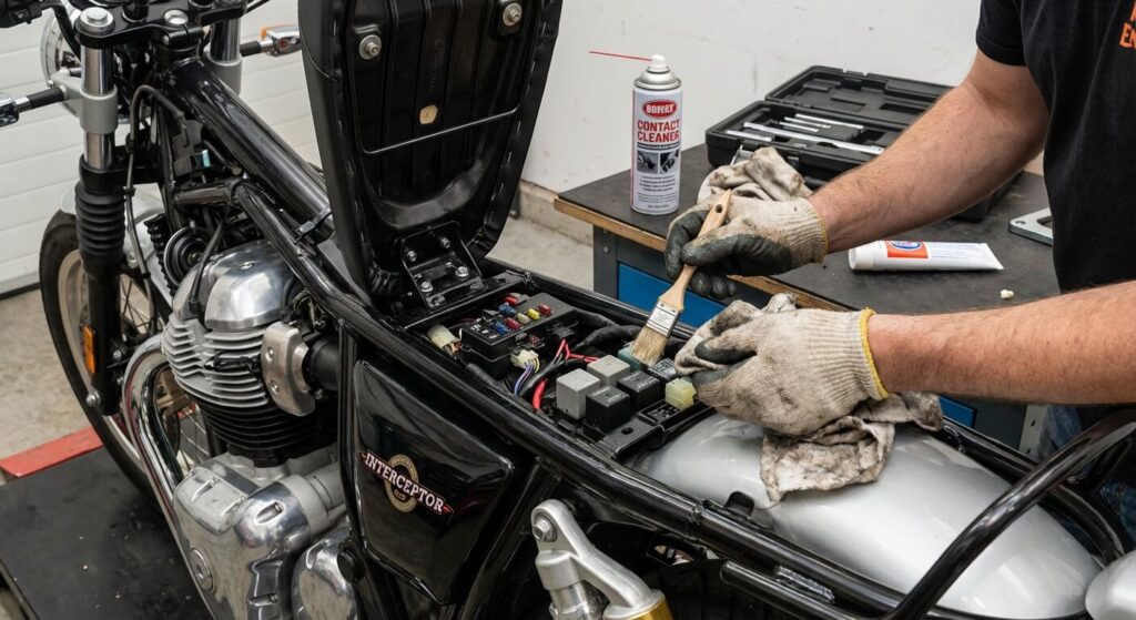 Nettoyage et graissage des relais électriques sous la selle d'une Royal Enfield 650, une intervention fréquente pour prévenir les pannes d'allumage