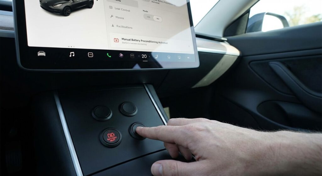 Boutons physiques S3XY Buttons installés sur la console centrale d'une Tesla pour forcer manuellement le chauffage de la batterie
