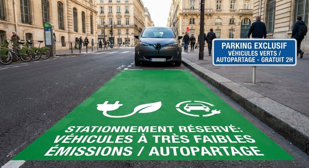 Emplacement de stationnement en milieu urbain réservé aux véhicules à très faibles émissions ou en autopartage