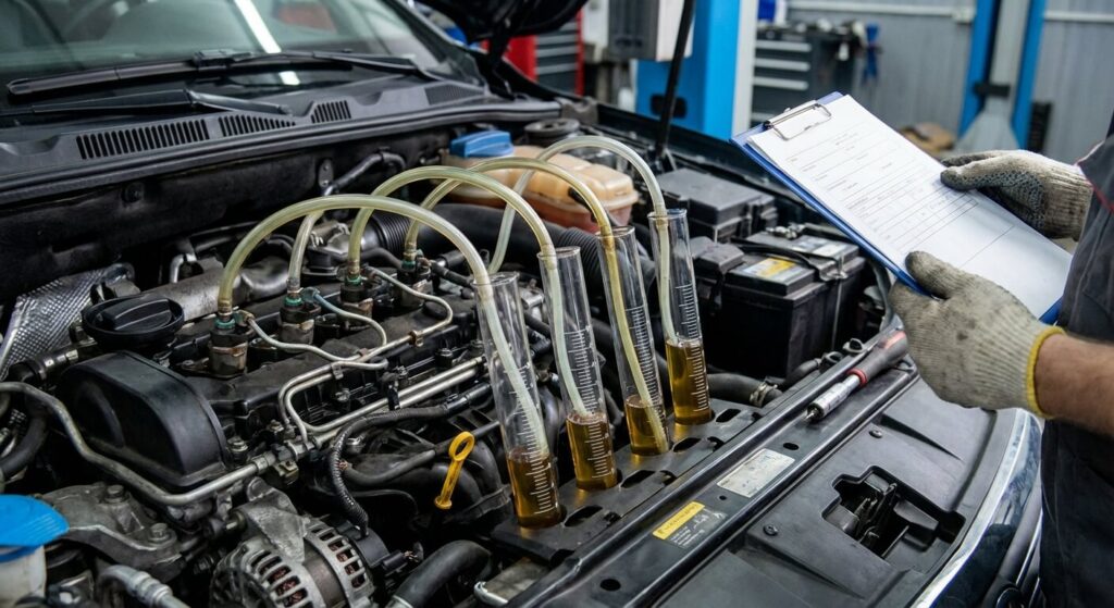 Test des débits de retour d'injecteurs à l'aide d'éprouvettes graduées pour identifier une fuite de pression dans la rampe commune