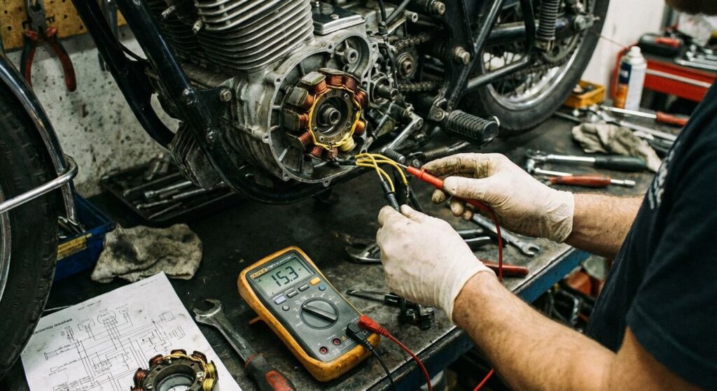 Mécanicien testant les phases d'un stator d'alternateur de moto avec un multimètre pour vérifier la tension alternative