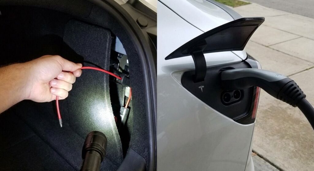 Utilisation de la tirette manuelle de secours cachée dans le coffre d'une voiture électrique pour libérer la goupille du port de charge