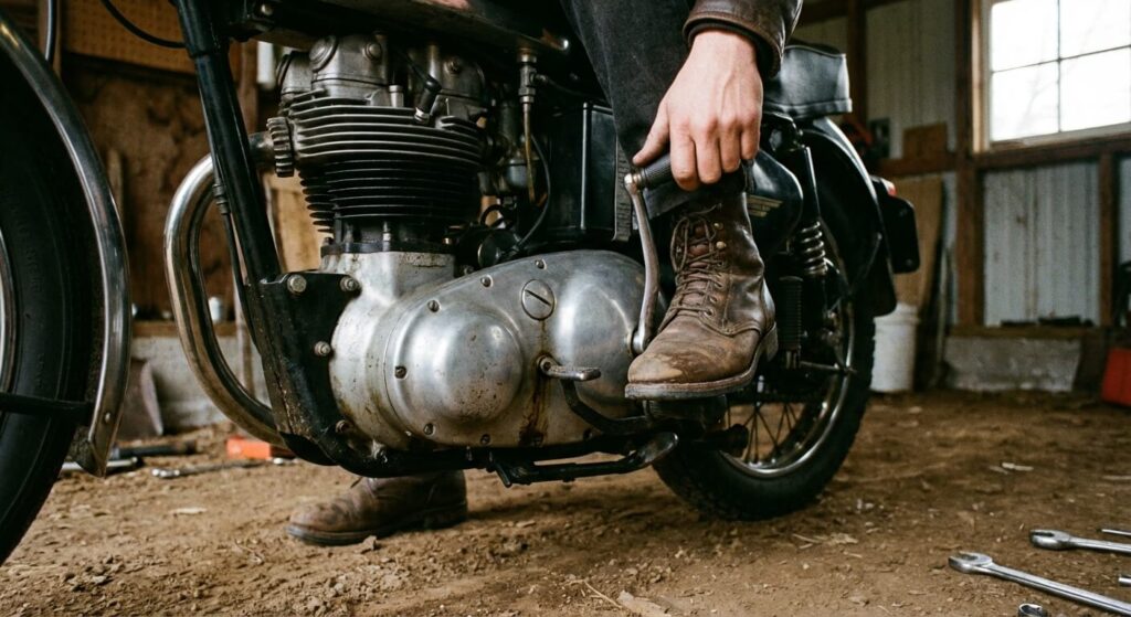 Pression lente du pied sur le kick pour faire tourner le moteur jusqu'à trouver le point dur de la compression (PMH) avant de donner le coup de grâce