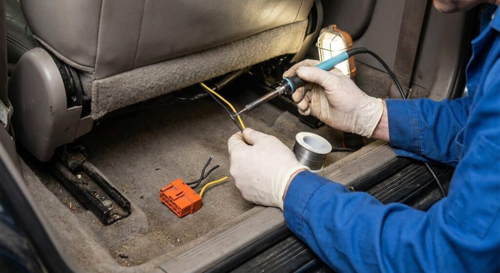Mécanicien supprimant la fiche orange sous le siège pour souder directement les fils de l'airbag