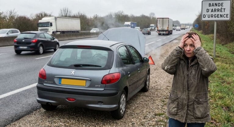 Automobiliste en détresse avec son véhicule en panne sur la bande d'arrêt d'urgence après avoir calé