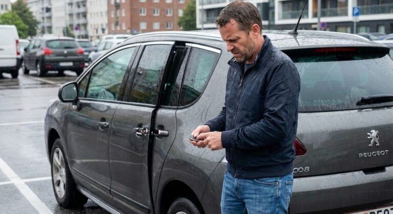 Conducteur tentant d'utiliser la clé télécommande de son SUV Peugeot 3008 face à une portière qui refuse de se verrouiller