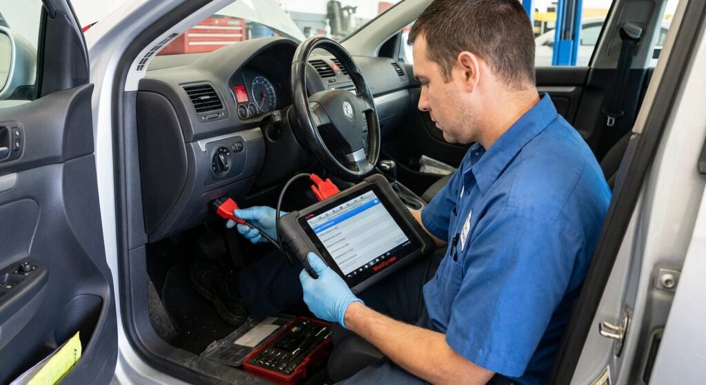 Mécanicien branchant une valise de diagnostic OBD pour lire les codes d'erreur du calculateur d'airbag