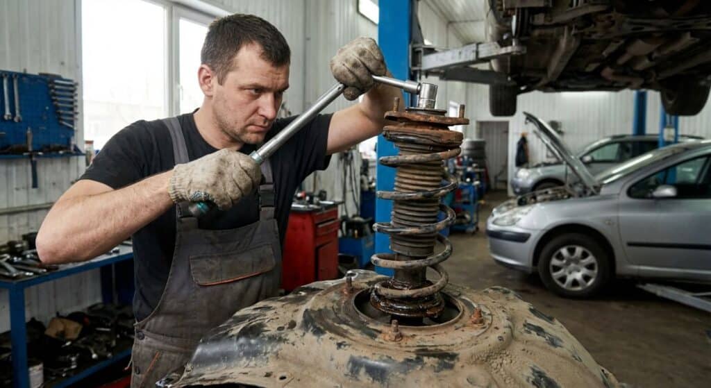 Mauvaise attache des amortisseurs au châssis : Quel danger ? 3 Mécanicien professionnel resserrant la tête d'un amortisseur défaillant sur le dôme du châssis