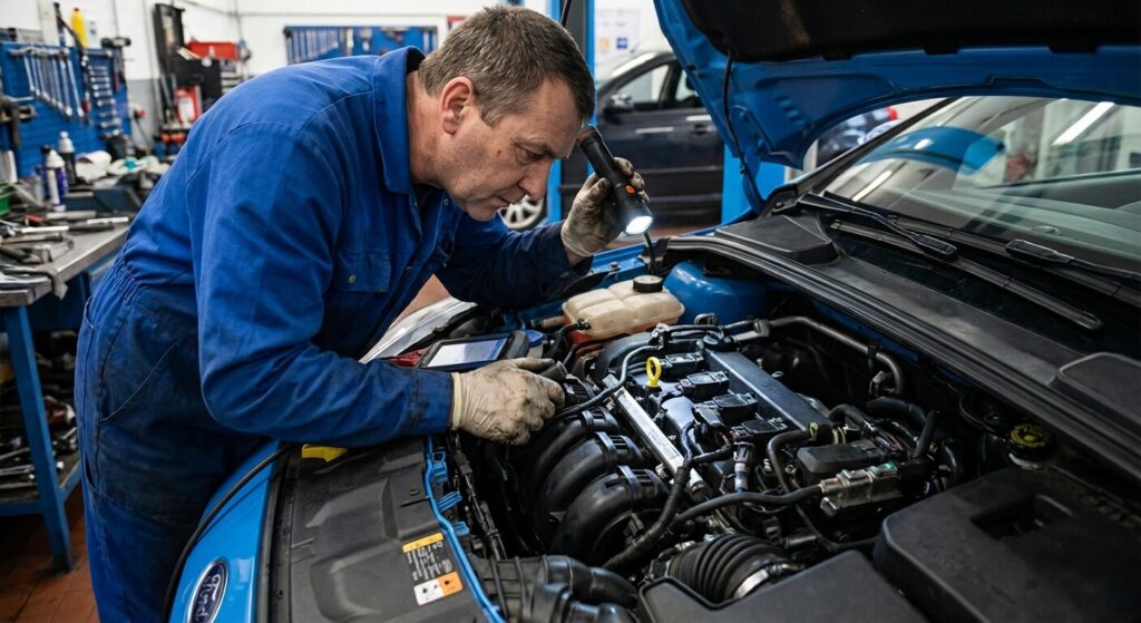 Mécanicien inspectant les capteurs électroniques et le système d'injection sous le capot d'une voiture
