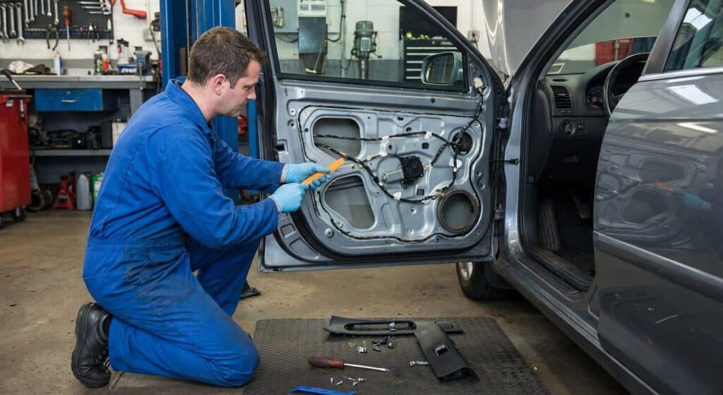 Problème de fermeture centralisée sur Peugeot 3008 : Comment réparer ? 3 Mécanicien démontant la garniture de porte pour accéder au moteur électrique de la serrure défaillante