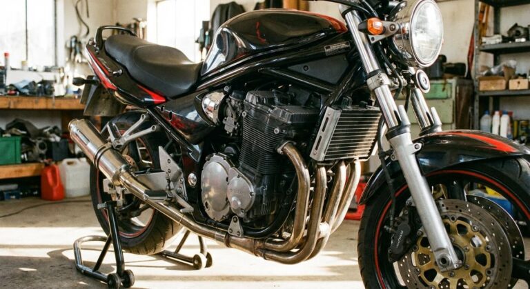 Le célèbre roadster Suzuki GSF 1200 Bandit dévoilant son imposant moteur à refroidissement air/huile