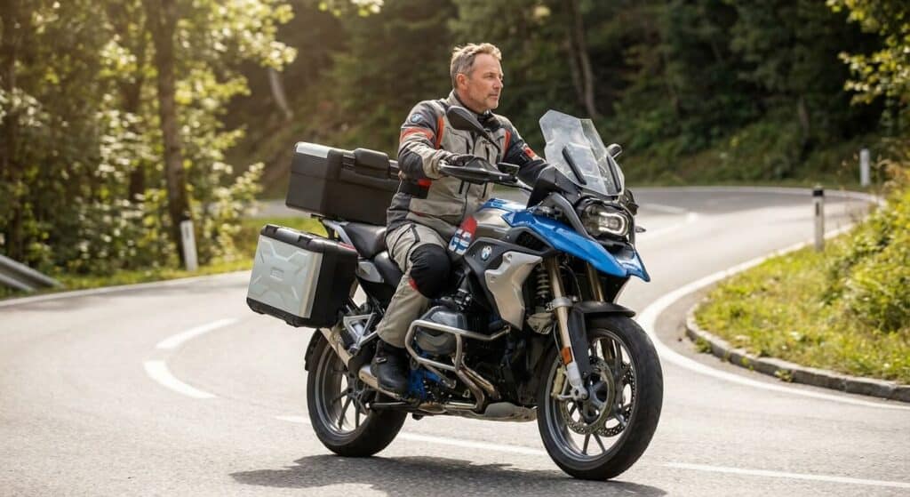 Motard adoptant une posture parfaitement droite et ergonomique au guidon d'un trail routier