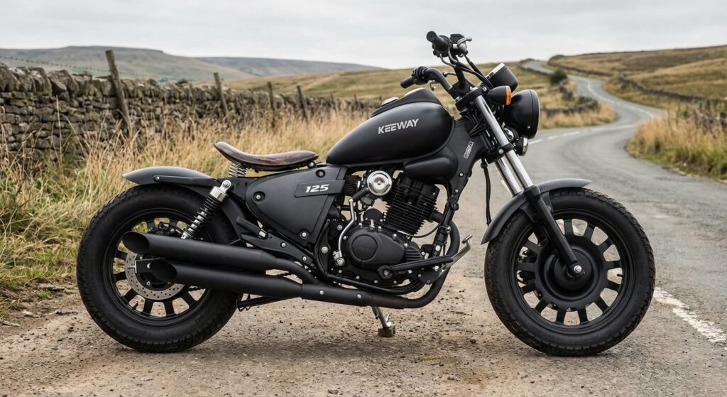 Moto de style custom Keeway Superlight 125 noire mate stationnée sur une route de campagne