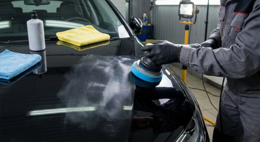 Utilisation d'une polisseuse orbitale pour corriger les micro-rayures sur une carrosserie noire.
