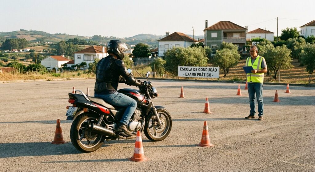 Candidat passant l'examen pratique du permis moto sur un plateau d'auto-école au Portugal