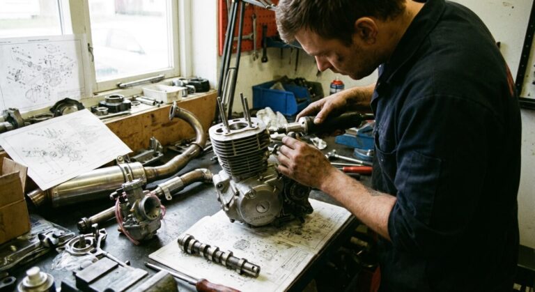 Mécanicien travaillant sur le moteur monocylindre 4 temps d'une moto 125cc pour en optimiser les performances