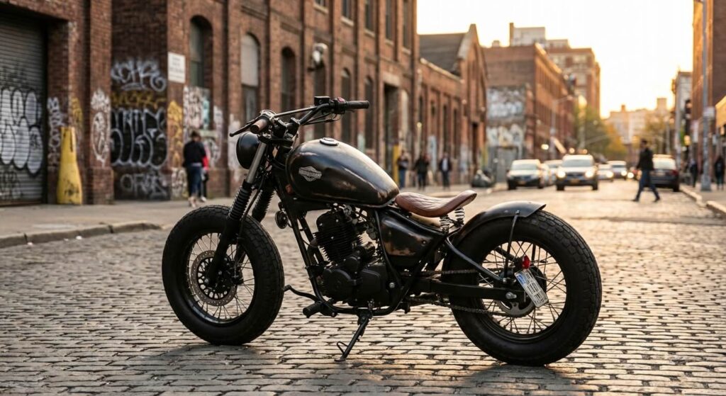 Moto custom bobber Magpower Avengers 125 garée sur une route urbaine
