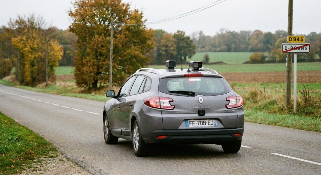 Voiture radar banalisée circulant sur une route départementale, équipée de caméras infrarouges