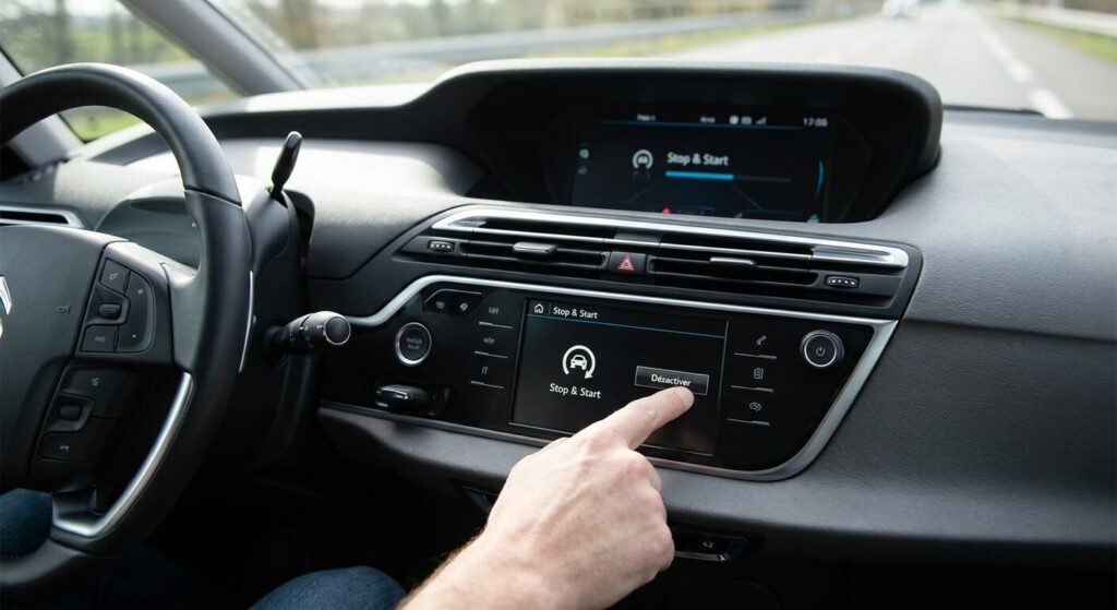 Conducteur appuyant sur l'écran tactile du C4 Picasso pour désactiver la fonction Stop & Start