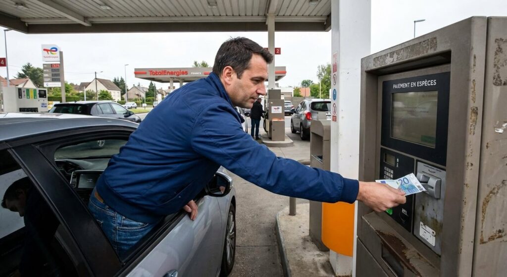 Automobiliste insérant un billet de 20 euros dans la borne de paiement d'une station-service