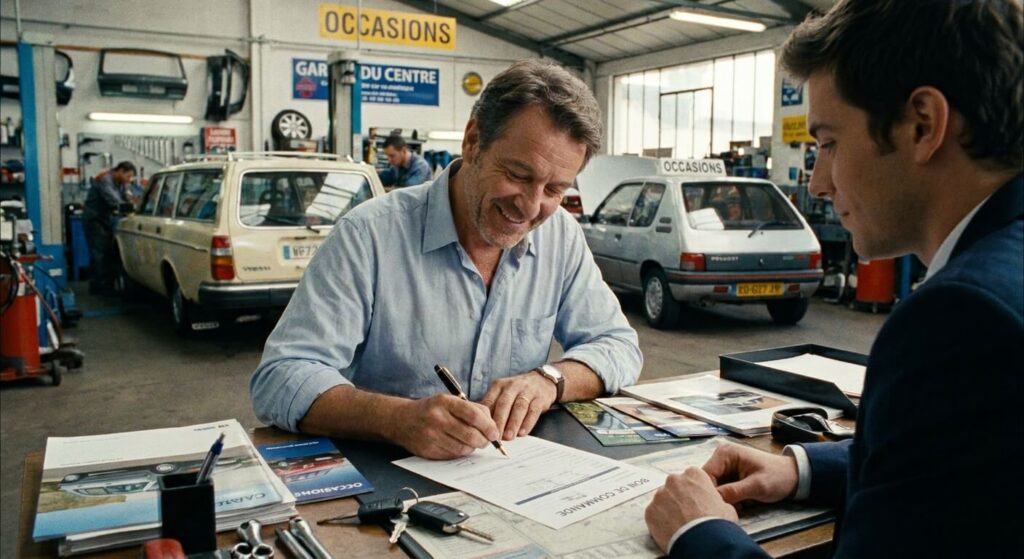 Client signant avec un stylo le bon de commande d'une automobile d'occasion dans un garage