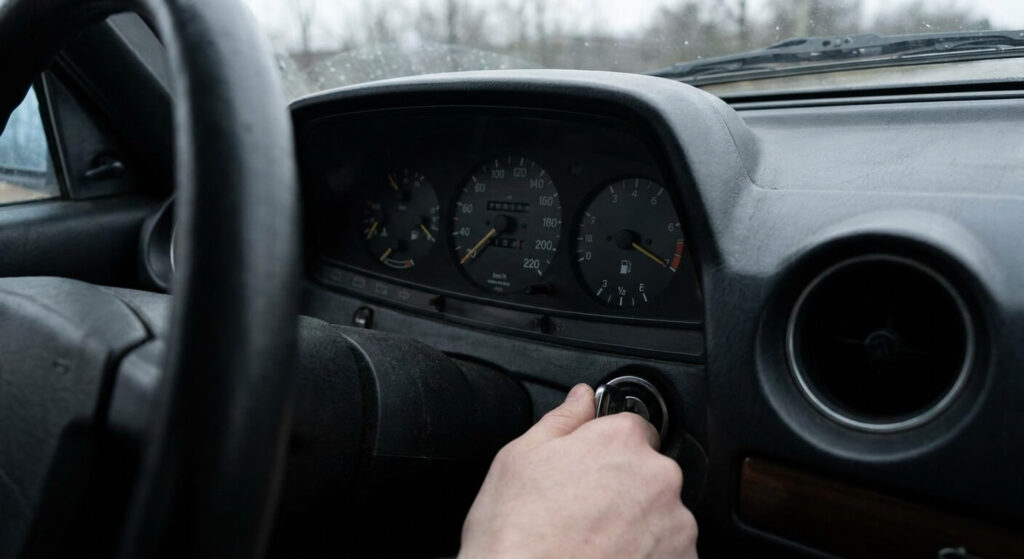 Conducteur insérant sa clé dans un véhicule dont le tableau de bord reste totalement éteint