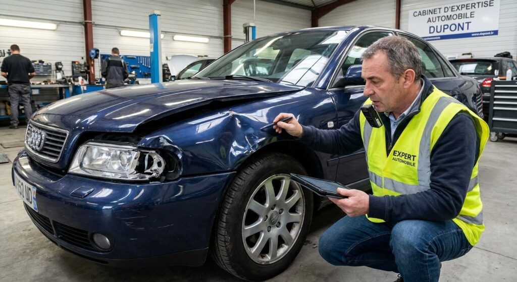 Expert en assurance automobile chiffrant les dégâts sur la carrosserie d'un véhicule accidenté