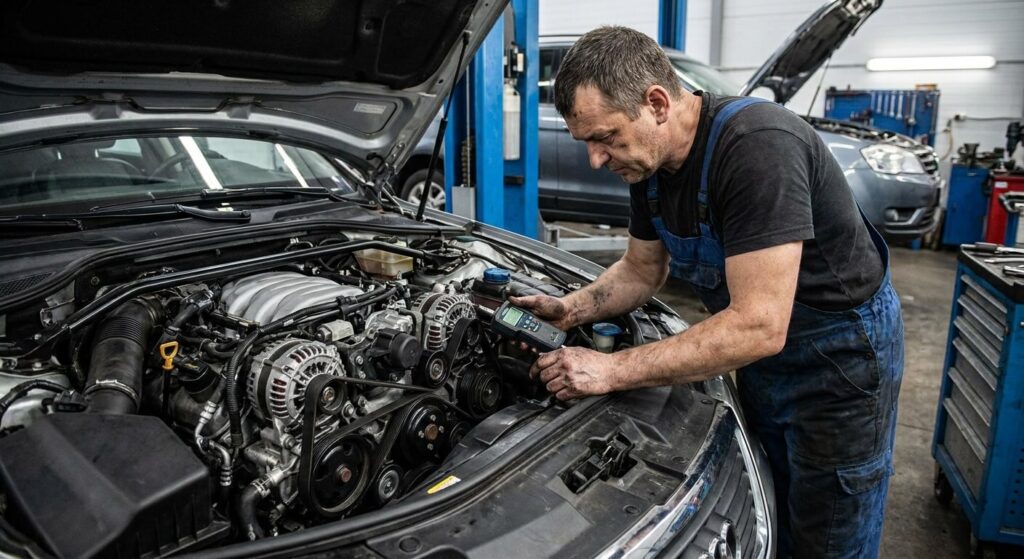 Mécanicien inspectant la tension de la courroie d'accessoire d'un moteur automobile