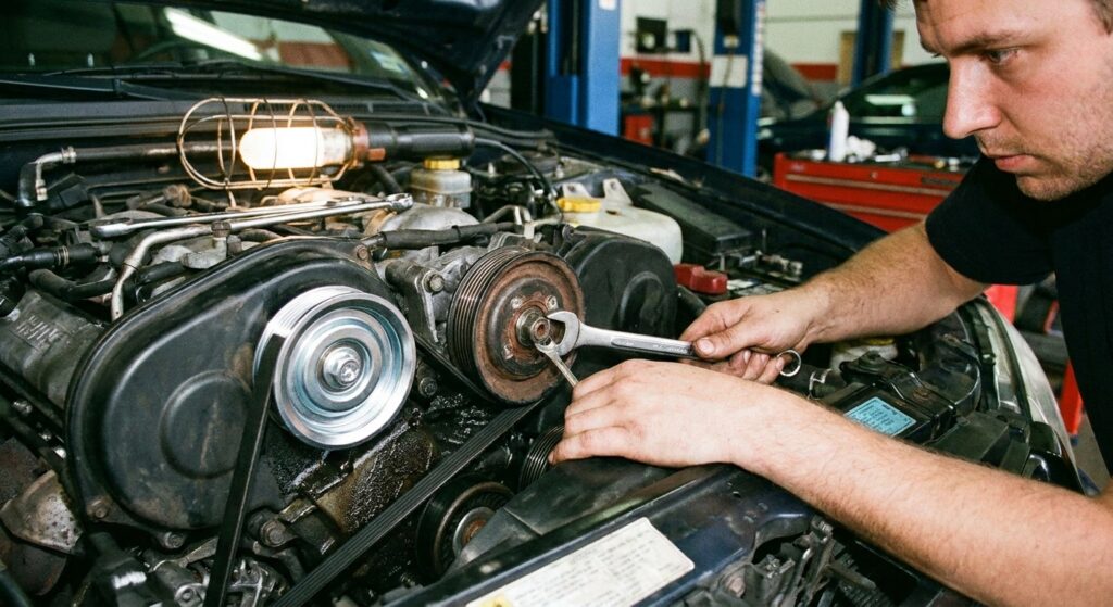 Remplacement d'un galet tendeur usé responsable du couinement d'une courroie de voiture
