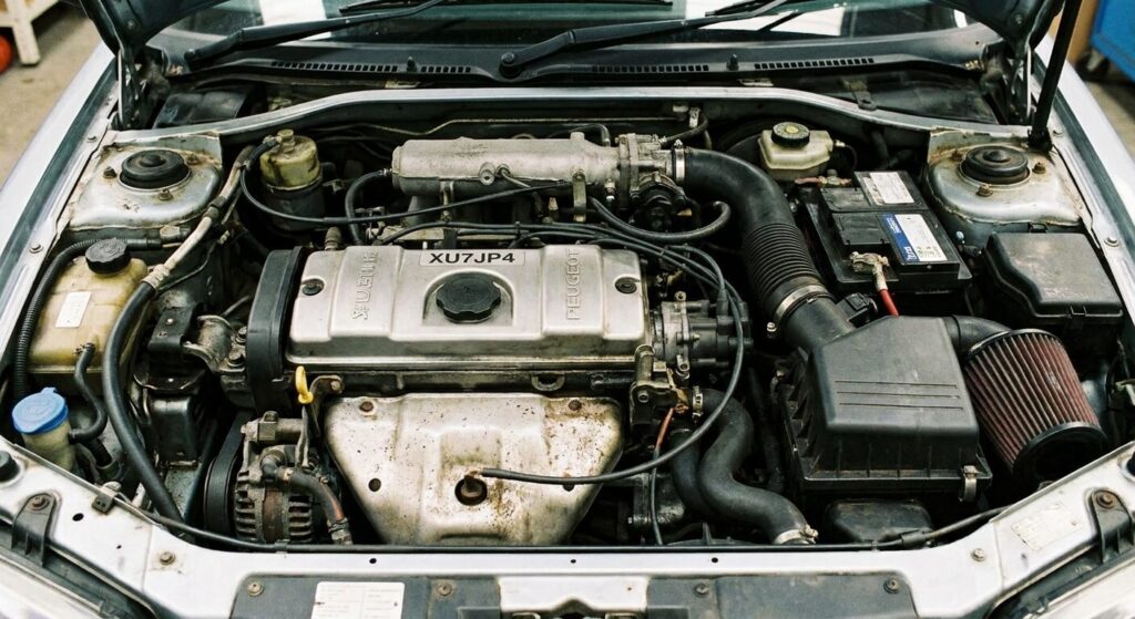 Vue sous le capot du célèbre moteur essence XU7JP4 équipant la Peugeot 306