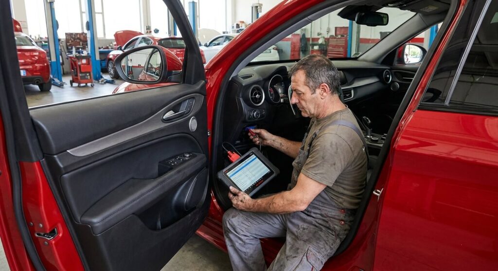 Garagiste branchant une valise de diagnostic électronique sur la prise OBD d'un SUV italien