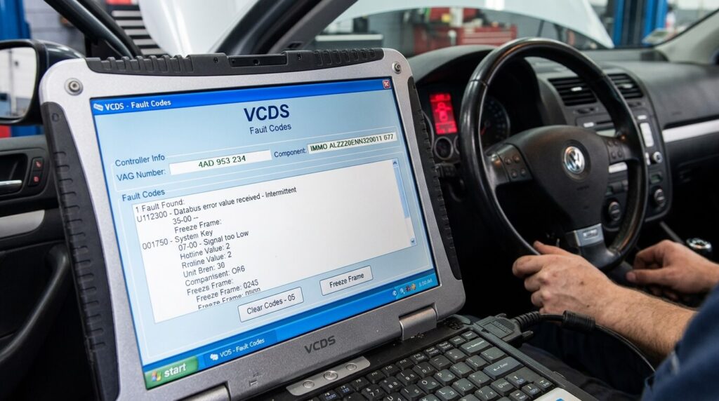 Écran d'un ordinateur affichant le code erreur U112300 sur le logiciel de diagnostic VCDS pour Volkswagen