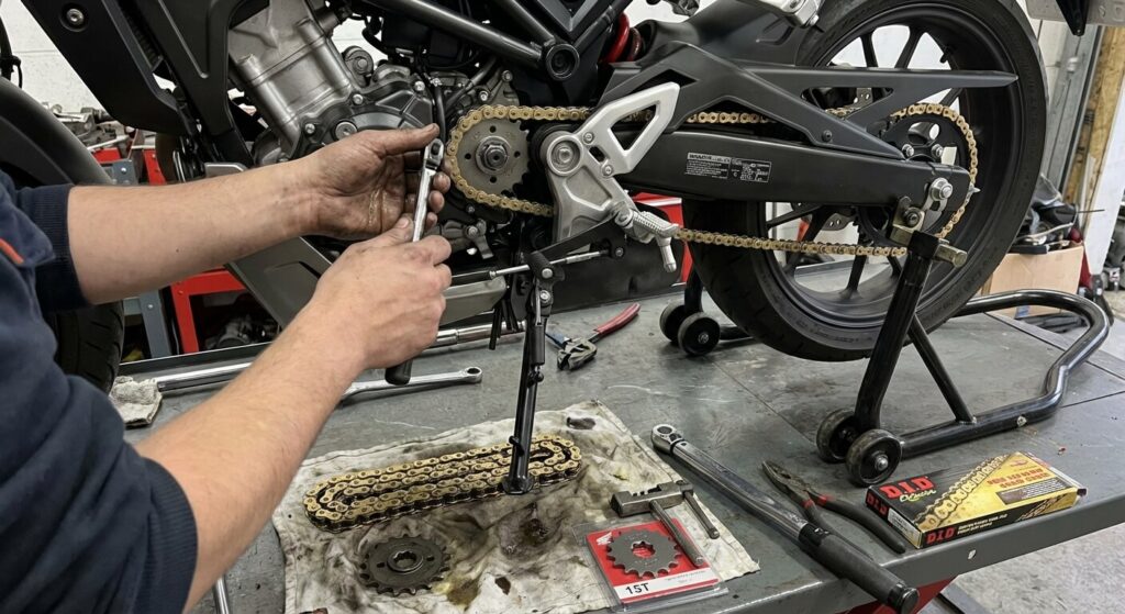Remplacement du pignon de sortie de boîte et du kit chaîne pour allonger la démultiplication d'une moto 125