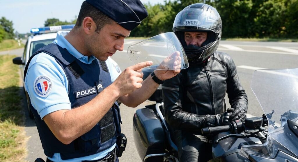 Agent de police vérifiant la gravure d'homologation européenne sur la visière d'un motard