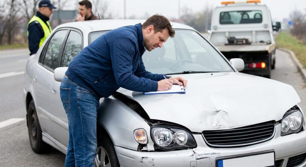 Conducteur remplissant une déclaration de sinistre sur le capot de son véhicule endommagé