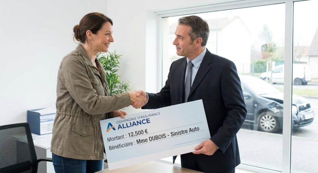 Remise d'un chèque d'indemnisation par un assureur suite à un sinistre automobile