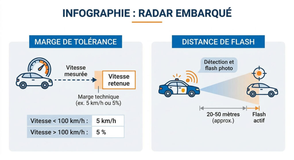 Infographie expliquant la marge de tolérance et la distance de flash d'un radar embarqué