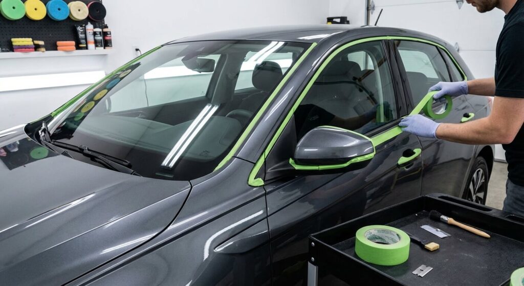 Protection des plastiques et des joints avec du ruban adhésif avant de commencer à polir la voiture.