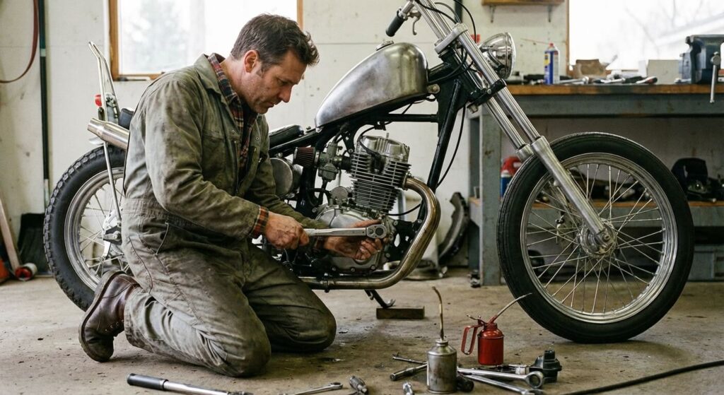 Mécanicien vérifiant et resserrant la visserie du bloc moteur sur un custom 125cc