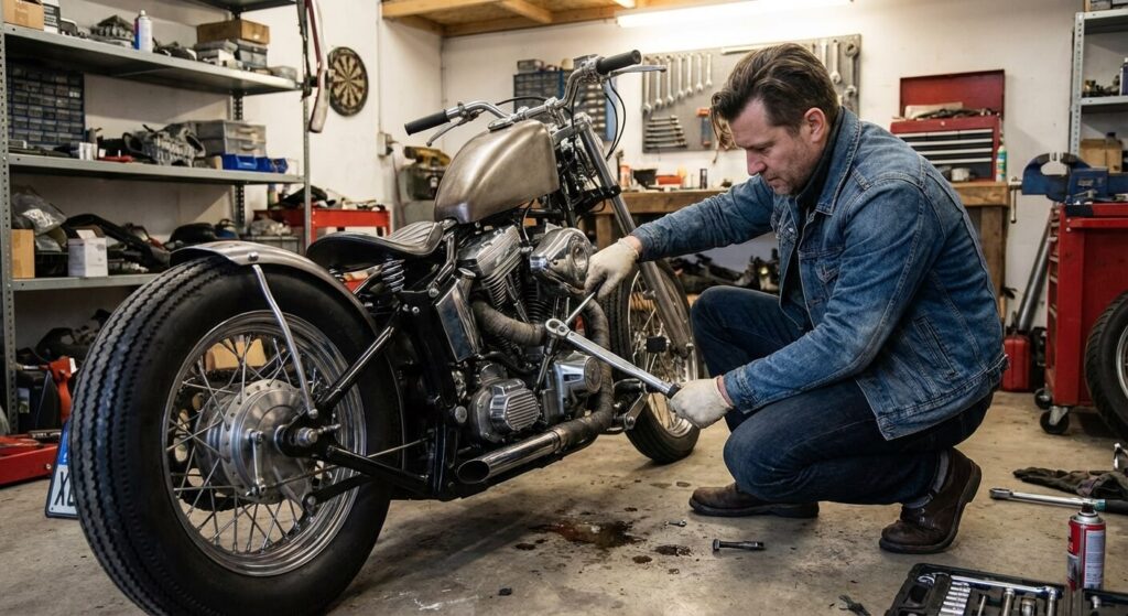 Motard utilisant une clé dynamométrique pour resserrer la boulonnerie moteur d'une moto type bobber
