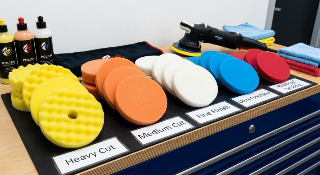 Différents types de tampons en mousse (pads) classés par niveau d'abrasivité pour le polissage auto.