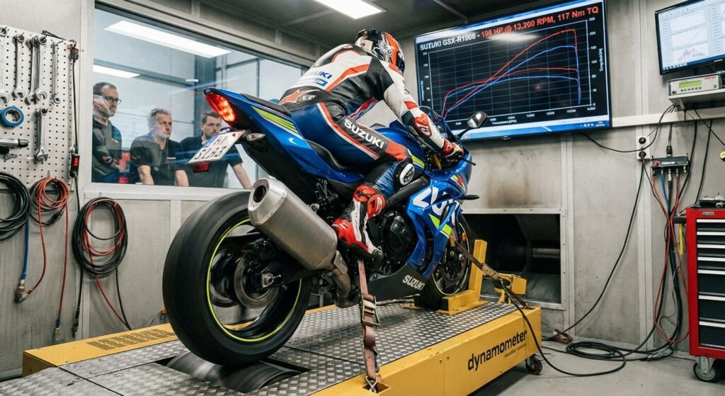 Une moto Suzuki passant sur un banc de puissance pour mesurer ses chevaux et son couple réel