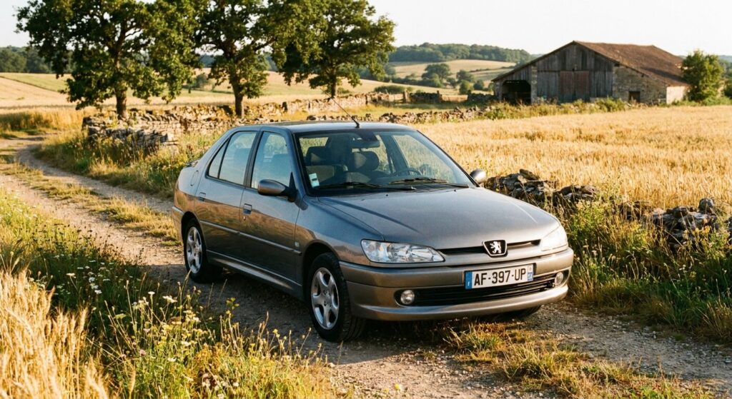 Une Peugeot 306 phase 2 berline gris métallisé garée dans un environnement champêtre