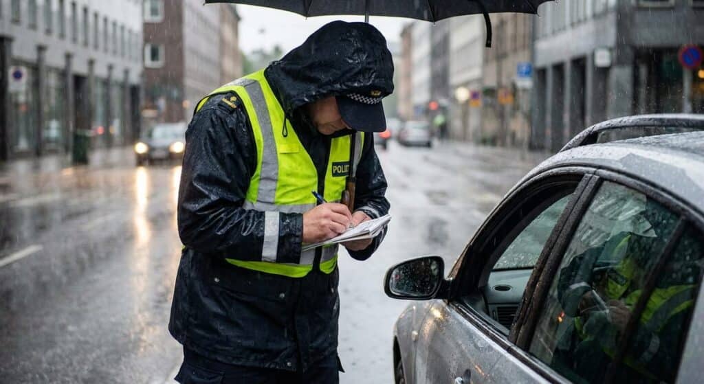 Agent de police rédigeant une contravention sous une forte pluie sans utiliser de cinémomètre