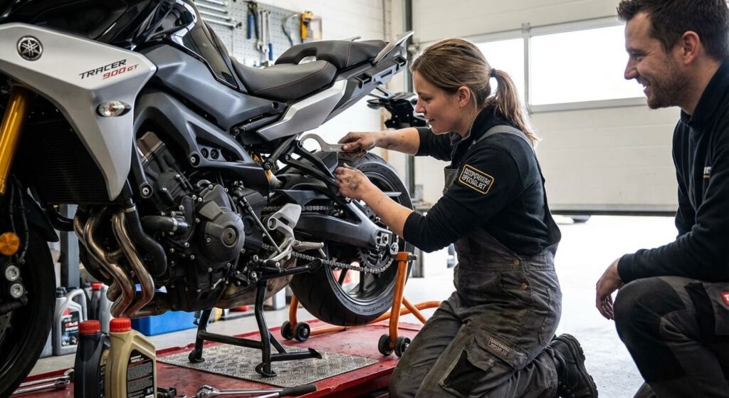 Mécanicien ajustant la précontrainte de l'amortisseur arrière d'une moto pour améliorer le confort du pilote