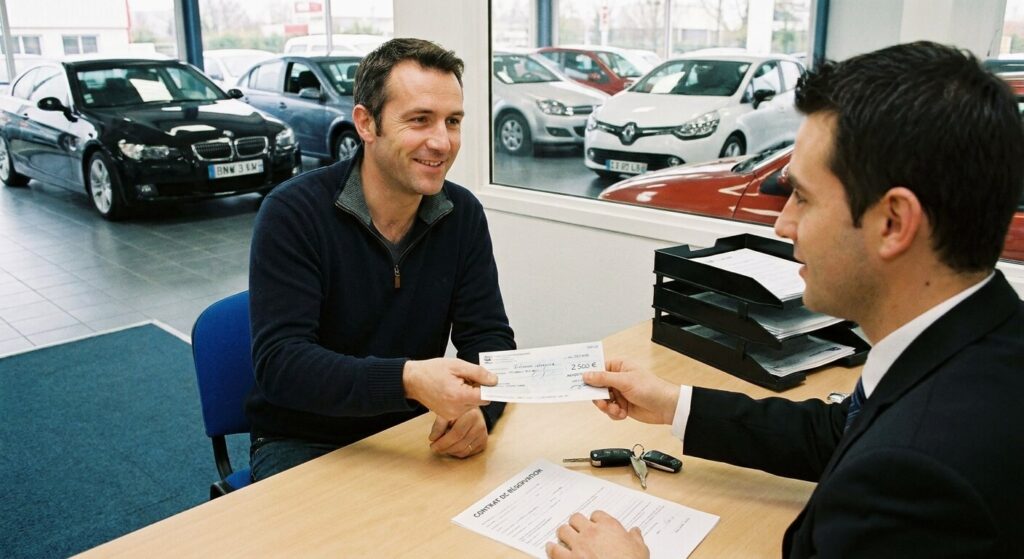 Remise d'un chèque d'acompte lors de la réservation ferme d'un véhicule de seconde main